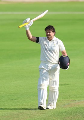 240926 Glamorgan v Essex, Rothesay County Championship Division 1 - Kiran Carlson of Glamorgan celebrates as he makes his 100