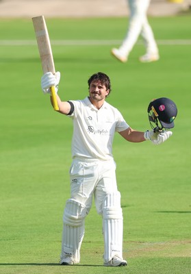 240926 Glamorgan v Essex, Rothesay County Championship Division 1 - Kiran Carlson of Glamorgan celebrates as he makes his 100