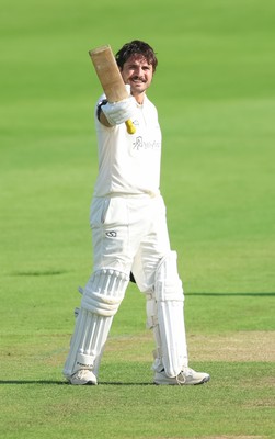 240926 Glamorgan v Essex, Rothesay County Championship Division 1 - Kiran Carlson of Glamorgan celebrates as he makes his 100