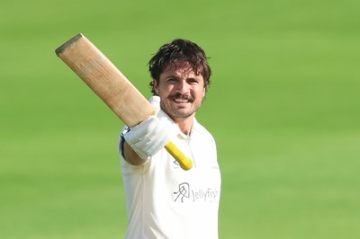 240926 Glamorgan v Essex, Rothesay County Championship Division 1 - Kiran Carlson of Glamorgan celebrates as he makes his 100
