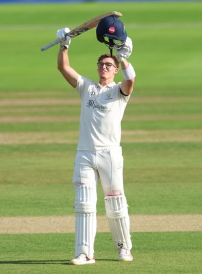 240926 Glamorgan v Essex, Rothesay County Championship Division 1 - Asa Tribe of Glamorgan celebrates as he makes his 100