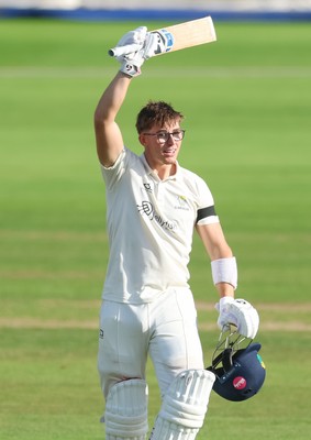 240926 Glamorgan v Essex, Rothesay County Championship Division 1 - Asa Tribe of Glamorgan celebrates as he makes his 100