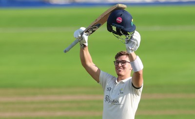 240926 Glamorgan v Essex, Rothesay County Championship Division 1 - Asa Tribe of Glamorgan celebrates as he makes his 100