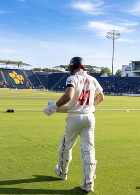 240926 Glamorgan v Essex, Rothesay County Championship Division 1 - Colin Ingram of Glamorgan takes to the wicket as he replaces Ben Kellaway of Glamorgan who was out lbw