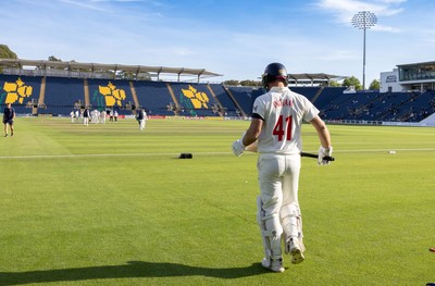 240926 Glamorgan v Essex, Rothesay County Championship Division 1 - Colin Ingram of Glamorgan takes to the wicket as he replaces Ben Kellaway of Glamorgan who was out lbw