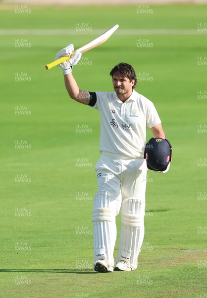 240926 Glamorgan v Essex, Rothesay County Championship Division 1 - Kiran Carlson of Glamorgan celebrates as he makes his 100