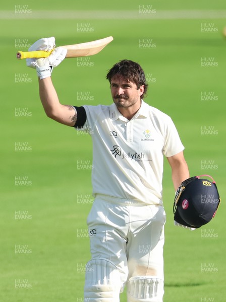 240926 Glamorgan v Essex, Rothesay County Championship Division 1 - Kiran Carlson of Glamorgan celebrates as he makes his 100