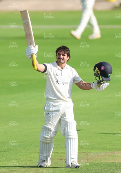 240926 Glamorgan v Essex, Rothesay County Championship Division 1 - Kiran Carlson of Glamorgan celebrates as he makes his 100