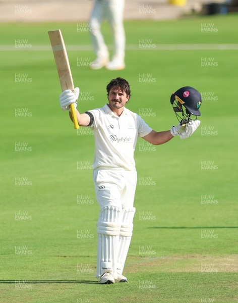 240926 Glamorgan v Essex, Rothesay County Championship Division 1 - Kiran Carlson of Glamorgan celebrates as he makes his 100