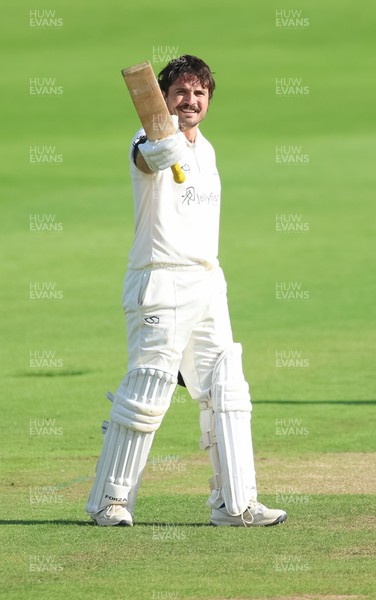 240926 Glamorgan v Essex, Rothesay County Championship Division 1 - Kiran Carlson of Glamorgan celebrates as he makes his 100