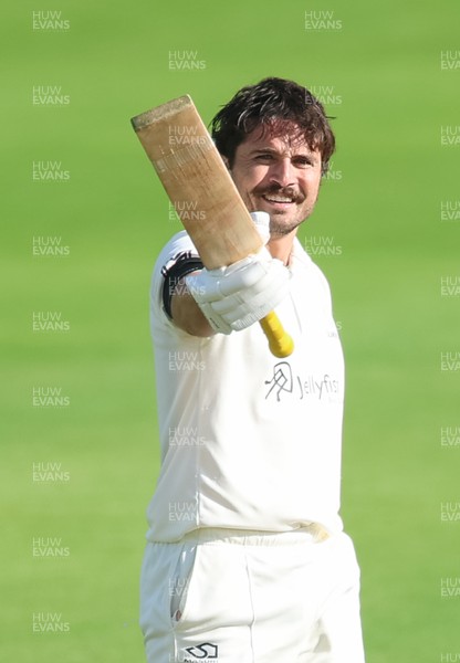 240926 Glamorgan v Essex, Rothesay County Championship Division 1 - Kiran Carlson of Glamorgan celebrates as he makes his 100