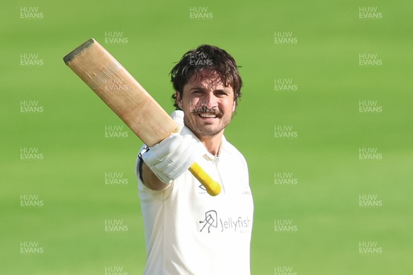 240926 Glamorgan v Essex, Rothesay County Championship Division 1 - Kiran Carlson of Glamorgan celebrates as he makes his 100