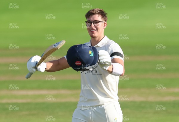 240926 Glamorgan v Essex, Rothesay County Championship Division 1 - Asa Tribe of Glamorgan celebrates as he makes his 100