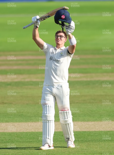 240926 Glamorgan v Essex, Rothesay County Championship Division 1 - Asa Tribe of Glamorgan celebrates as he makes his 100