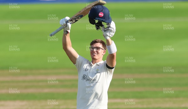 240926 Glamorgan v Essex, Rothesay County Championship Division 1 - Asa Tribe of Glamorgan celebrates as he makes his 100
