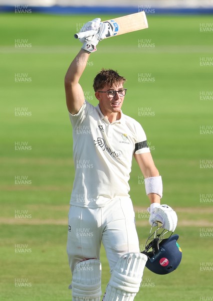 240926 Glamorgan v Essex, Rothesay County Championship Division 1 - Asa Tribe of Glamorgan celebrates as he makes his 100