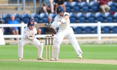 250926 Glamorgan v Essex, Rothesay County Championship Division 1 - Asa Tribe of Glamorgan hits a four as he reaches 150