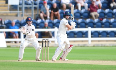 250926 Glamorgan v Essex, Rothesay County Championship Division 1 - Asa Tribe of Glamorgan hits a four as he reaches 150
