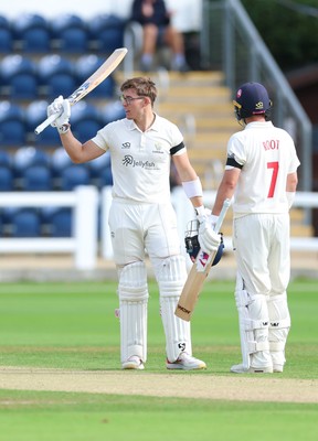 250926 Glamorgan v Essex, Rothesay County Championship Division 1 - Asa Tribe of Glamorgan celebrates as he reaches 150