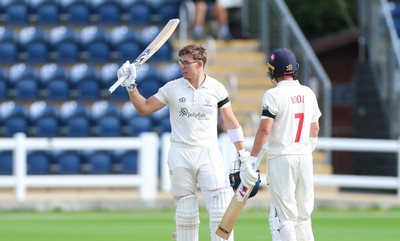 250926 Glamorgan v Essex, Rothesay County Championship Division 1 - Asa Tribe of Glamorgan celebrates as he reaches 150