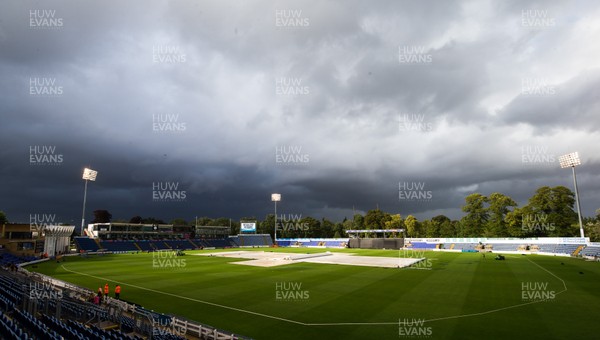 090819 - Glamorgan v Essex Eagles, Vitality Blast - A general view of Sophia Gardens Cardiff as the covers are in place under a stormy sky ahead of the start of match