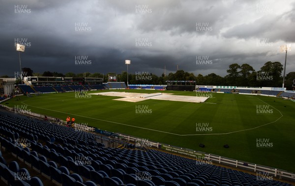 090819 - Glamorgan v Essex Eagles, Vitality Blast - A general view of Sophia Gardens Cardiff as the covers are in place under a stormy sky ahead of the start of match