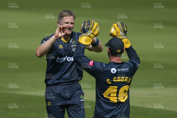 130621 - Glamorgan v Essex Eagles, Vitality Blast - Timm van der Gugten of Glamorgan celebrates with Chris Cooke of Glamorgan after the combine to catch Feroze Khushi of Essex Eagles out