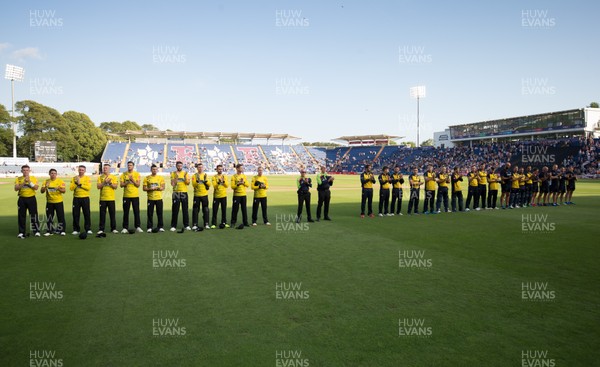 010819 - Glamorgan v Gloucestershire, Vitality Blast 2019 - The teams line up for a minutes applause in memory of former Glamorgan player Malcolm Nash, who passed away this week