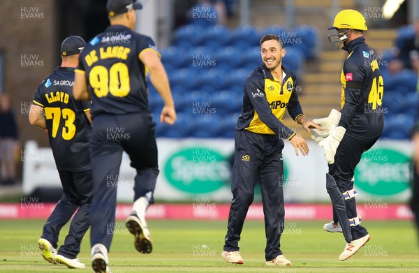 010819 - Glamorgan v Gloucestershire, Vitality Blast 2019 - Andrew Salter of Glamorgan celebrates after he takes Miles Hammond of Gloucestershire caught and bowled