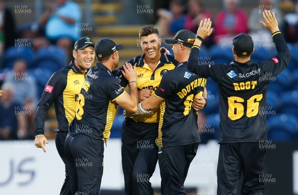010819 - Glamorgan v Gloucestershire, Vitality Blast 2019 - Marchant de Lange of Glamorgan celebrates after James Bracey of Gloucestershire is caught by Jeremy Lawlor of Glamorgan off his bowling