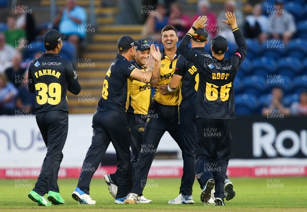 010819 - Glamorgan v Gloucestershire, Vitality Blast 2019 - Marchant de Lange of Glamorgan celebrates after James Bracey of Gloucestershire is caught by Jeremy Lawlor of Glamorgan off his bowling