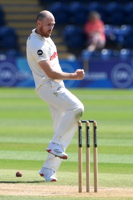 020725 - Glamorgan v Gloucestershire - Rothesay County Championship - James Harris of Glamorgan celebrates after taking the wicket of Cameron Bancroft of Gloucestershire