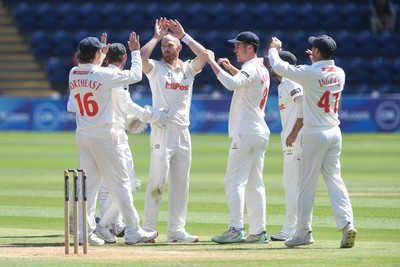 020725 - Glamorgan v Gloucestershire - Rothesay County Championship - James Harris of Glamorgan celebrates after taking the wicket of Cameron Bancroft of Gloucestershire