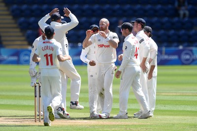 020725 - Glamorgan v Gloucestershire - Rothesay County Championship - James Harris of Glamorgan celebrates after taking the wicket of Cameron Bancroft of Gloucestershire