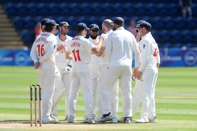 020725 - Glamorgan v Gloucestershire - Rothesay County Championship - James Harris of Glamorgan celebrates after taking the wicket of Cameron Bancroft of Gloucestershire