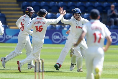 020725 - Glamorgan v Gloucestershire - Rothesay County Championship - Asa Tribe of Glamorgan celebrates after he catches the ball to dismiss Joe Phillips of Gloucestershire
