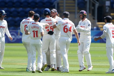 020725 - Glamorgan v Gloucestershire - Rothesay County Championship - Asa Tribe of Glamorgan celebrates after he catches the ball to dismiss Joe Phillips of Gloucestershire