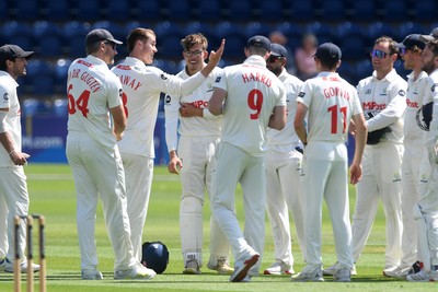 020725 - Glamorgan v Gloucestershire - Rothesay County Championship - Asa Tribe of Glamorgan celebrates after he catches the ball to dismiss Joe Phillips of Gloucestershire