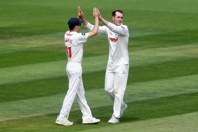 020725 - Glamorgan v Gloucestershire - Rothesay County Championship - Ben Kellaway of Glamorgan celebrates taking the wicket of Graeme van Buuren of Gloucestershire
