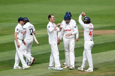 020725 - Glamorgan v Gloucestershire - Rothesay County Championship - Ben Kellaway of Glamorgan celebrates taking the wicket of Graeme van Buuren of Gloucestershire