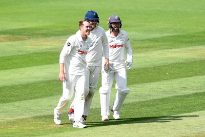 020725 - Glamorgan v Gloucestershire - Rothesay County Championship - Ben Kellaway of Glamorgan celebrates taking the wicket of James Bracey of Gloucestershire