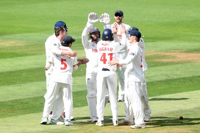 020725 - Glamorgan v Gloucestershire - Rothesay County Championship - Ben Kellaway of Glamorgan celebrates taking the wicket of James Bracey of Gloucestershire