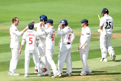 020725 - Glamorgan v Gloucestershire - Rothesay County Championship - Ben Kellaway of Glamorgan celebrates taking the wicket of James Bracey of Gloucestershire