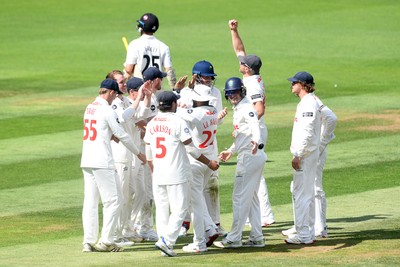 020725 - Glamorgan v Gloucestershire - Rothesay County Championship - Ben Kellaway of Glamorgan celebrates taking the wicket of James Bracey of Gloucestershire