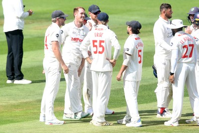 020725 - Glamorgan v Gloucestershire - Rothesay County Championship - Ben Kellaway of Glamorgan celebrates taking the wicket of James Bracey of Gloucestershire