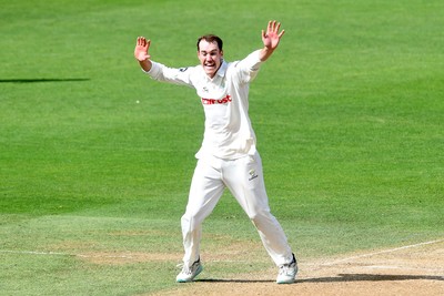 020725 - Glamorgan v Gloucestershire - Rothesay County Championship - Ben Kellaway of Glamorgan celebrates taking the wicket of Zaman Akhter of Gloucestershire