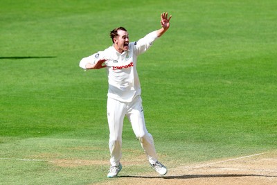 020725 - Glamorgan v Gloucestershire - Rothesay County Championship - Ben Kellaway of Glamorgan celebrates taking the wicket of Zaman Akhter of Gloucestershire