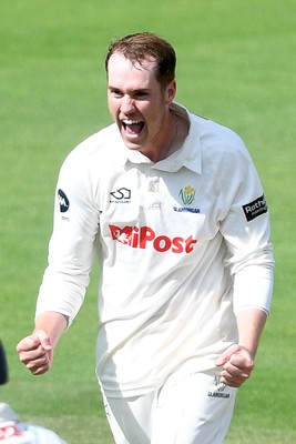 020725 - Glamorgan v Gloucestershire - Rothesay County Championship - Ben Kellaway of Glamorgan celebrates taking the wicket of Zaman Akhter of Gloucestershire