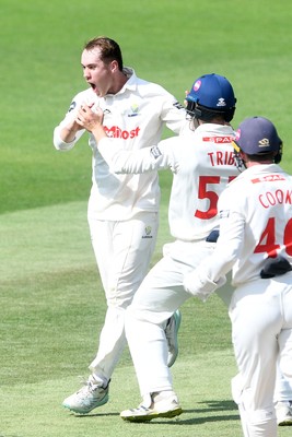 020725 - Glamorgan v Gloucestershire - Rothesay County Championship - Ben Kellaway of Glamorgan celebrates taking the wicket of Zaman Akhter of Gloucestershire