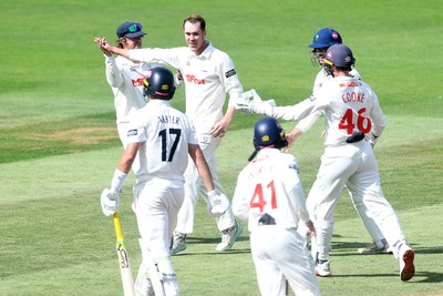 020725 - Glamorgan v Gloucestershire - Rothesay County Championship - Ben Kellaway of Glamorgan celebrates taking the wicket of Zaman Akhter of Gloucestershire